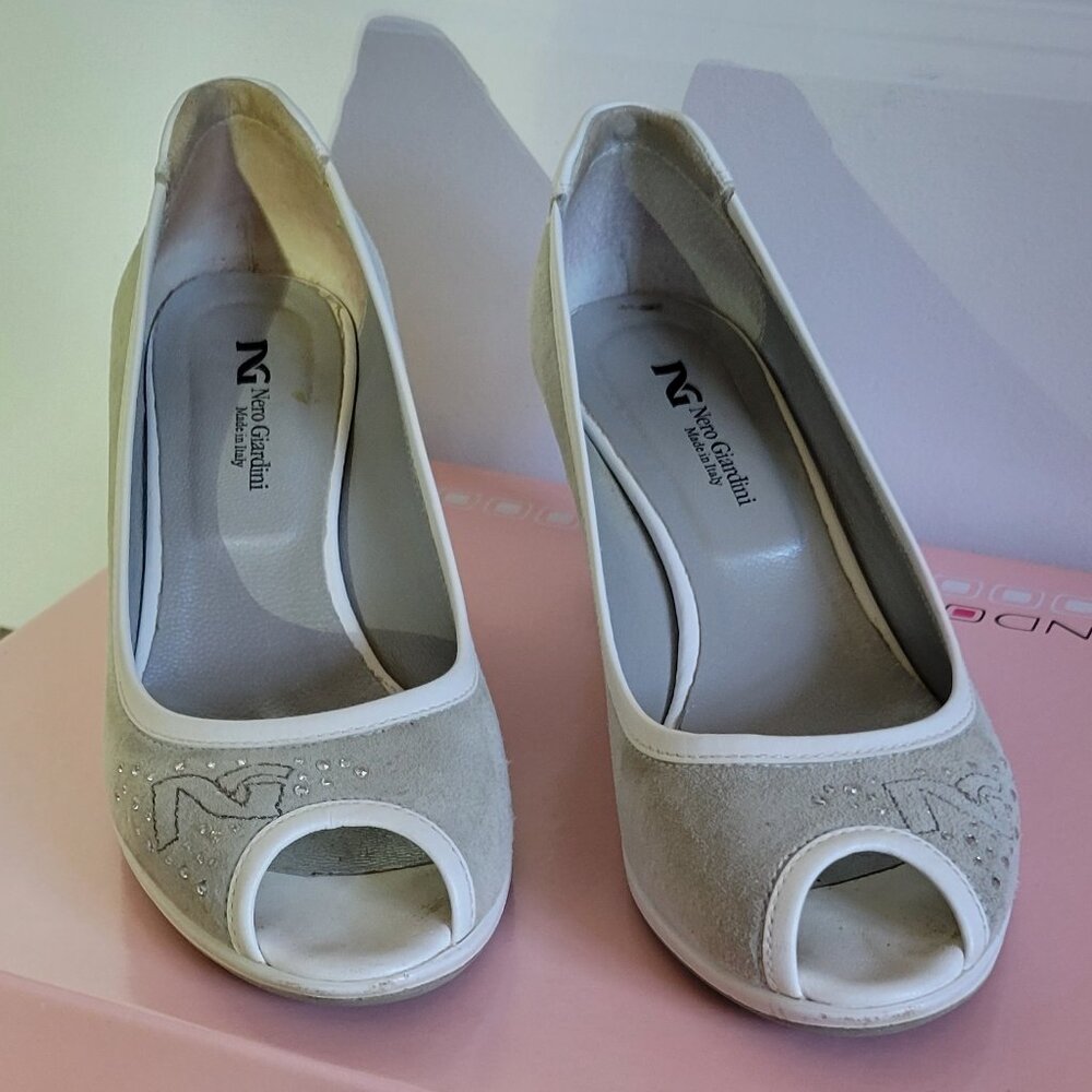 Nero Giardini - Made In Italy - Size 6 US 36 EU - White Grey - Peek-a-boo toe